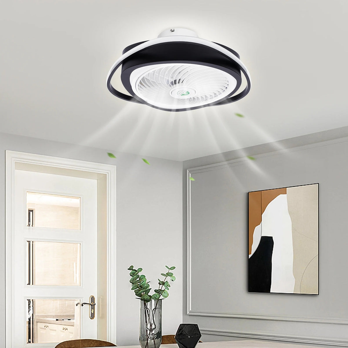 A modern 20-inch low-profile ceiling fan with an integrated LED light and black metal frame.