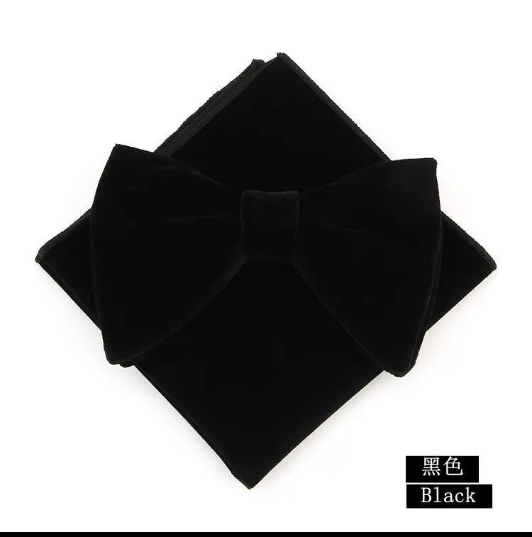 Showlu Fashion men's velvet bowtie, handkerchief, and pocket square set with custom logo for wedding or formal attire.