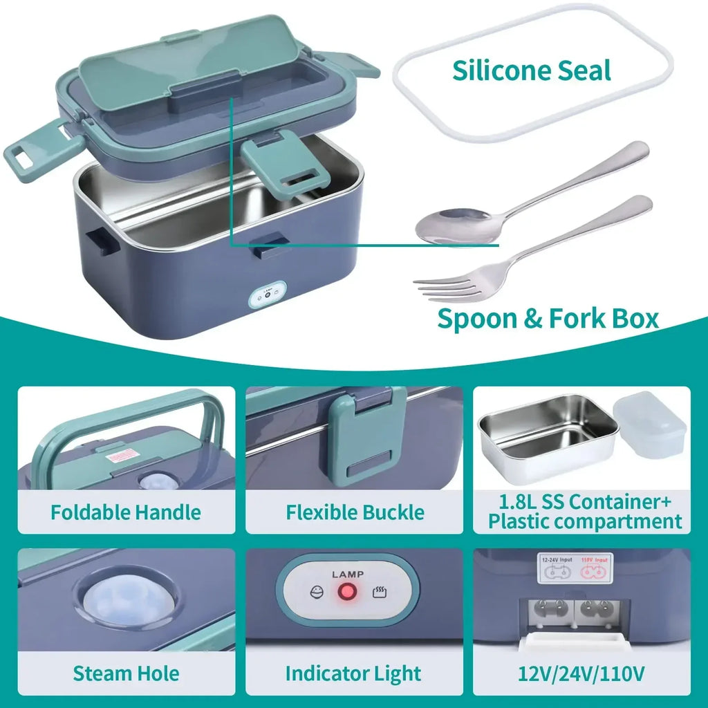 Showlu 1.8L electric lunch box with 60W portable food warmer, suitable for car and home use, compact and convenient design