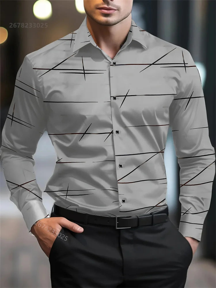 Men's casual long-sleeved shirt with geometric 3D print, lapel collar, large size, suitable for business and office wear by Showlu Fashion