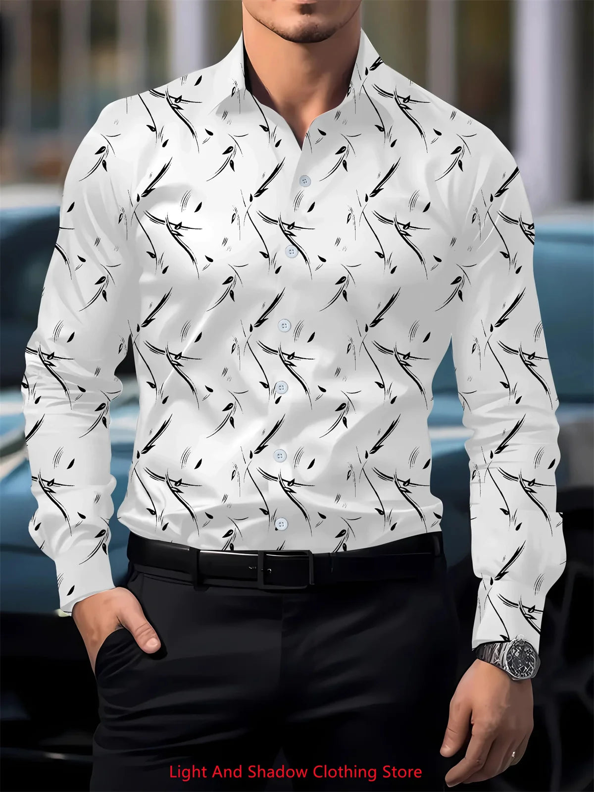 Showlu men's printed silk casual long sleeve shirt with button-up front and lapel collar, stylish and comfortable for everyday wear.