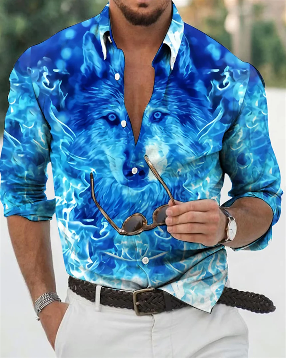Men's casual long-sleeve button-up shirt with designer prints, lapel collar, fashionable party and social wear by Showlu Fashion.