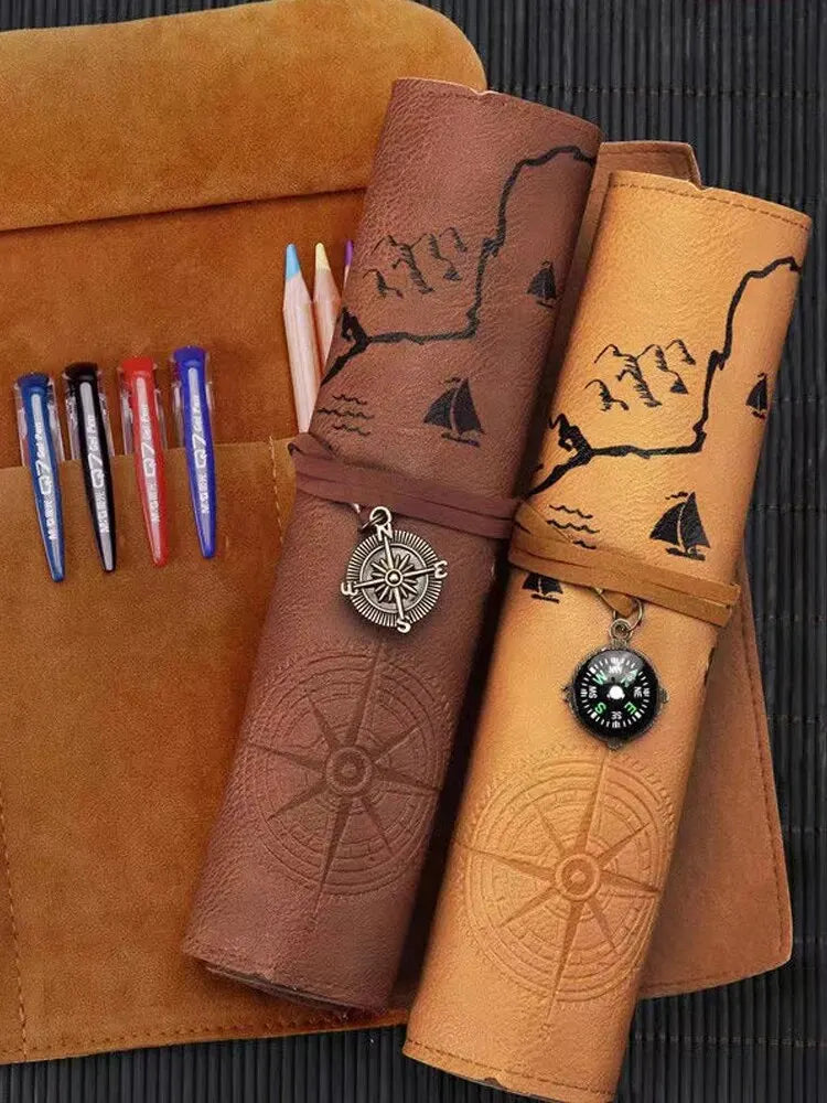 Large Showlu Retro Treasure Map leather roll pencil case with multiple compartments, ideal for stationery storage.