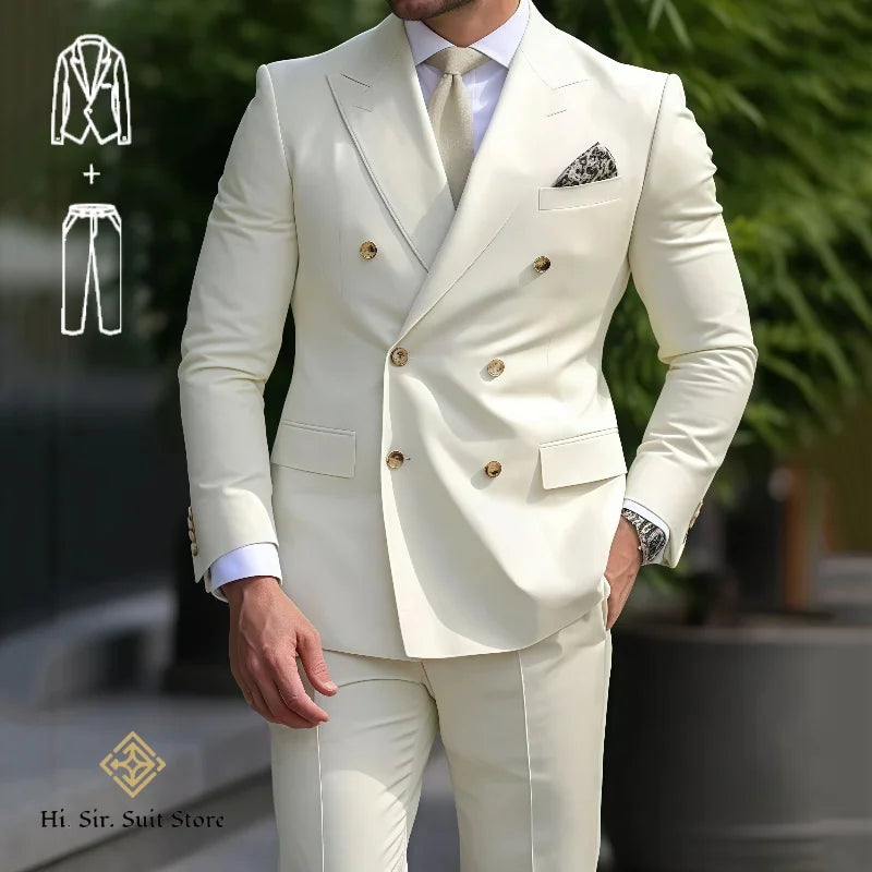 Men's slim-fit double-breasted blazer and dress pants suit set by Showlu Fashion, ideal for weddings, reunions, and formal events.