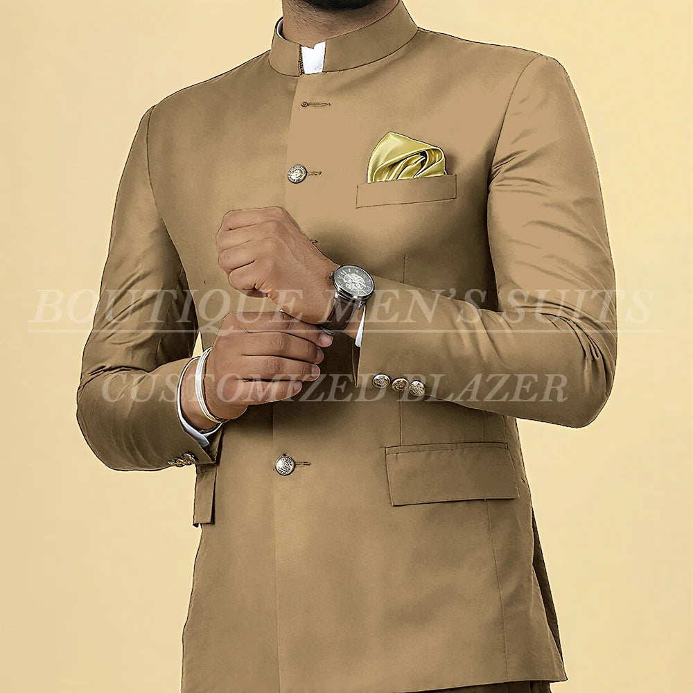 Elegant men's slim fit wedding suit blazer and pants set with single-breasted stand lapel, tailored for formal occasions.