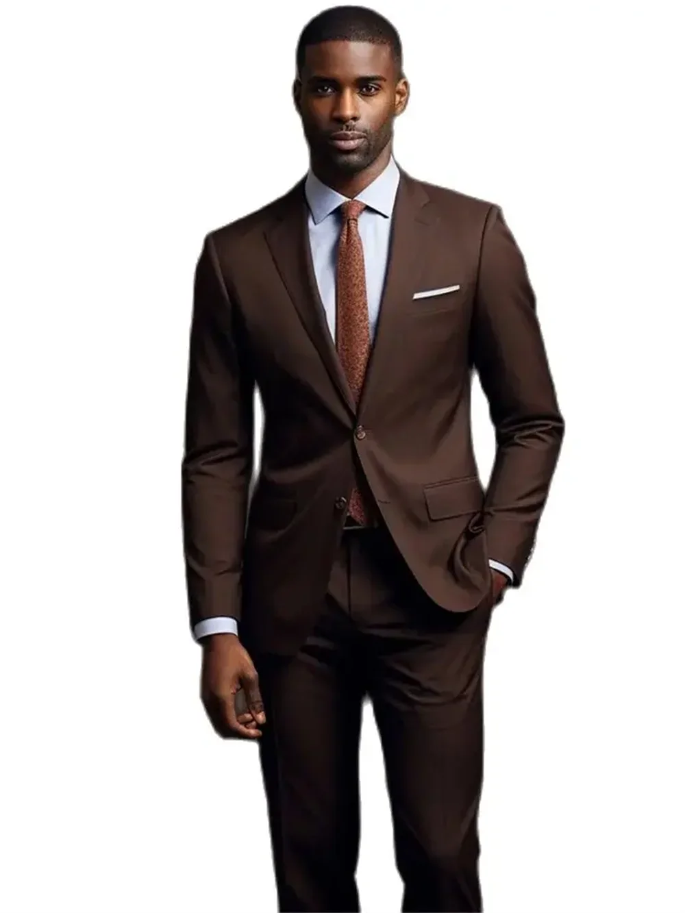 Dark brown men's suit set with single-breasted blazer and matching trousers, ideal for formal, office, or wedding wear.