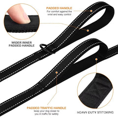 A black nylon dog leash with two padded handles, reflective stitching, and heavy-duty construction.