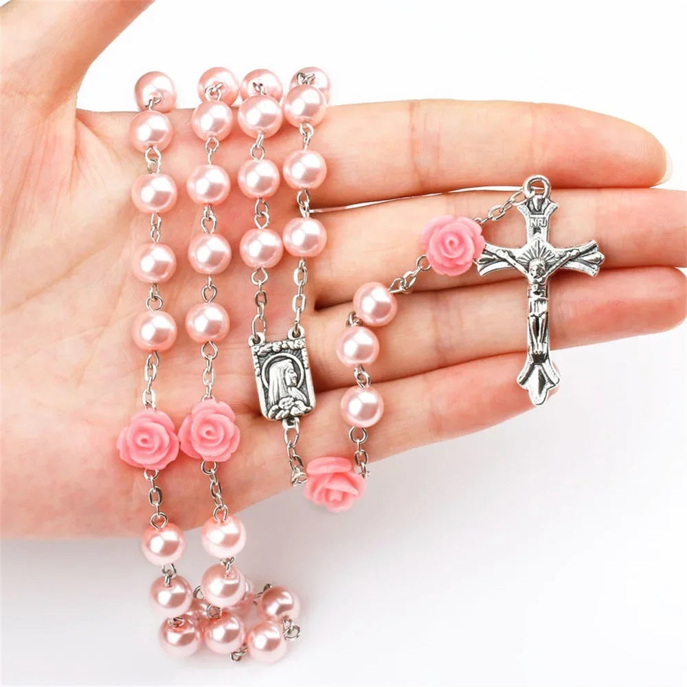 Pink rosary necklace for women with rose glass beads, crucifix cross, INRI pendant, long chain, religious prayer jewelry.