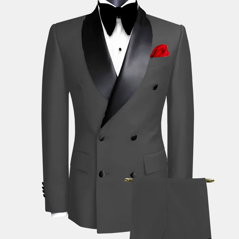 Black men's double-breasted suit by Showlu Fashion Store, tailored for smart casual occasions, featuring classic lapels and sleek design.