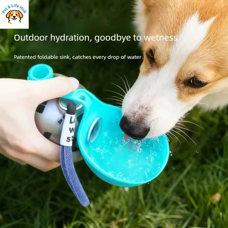 Showlu 304 stainless steel dog water bottle with foldable silicone bowl for convenient pet hydration on the go.