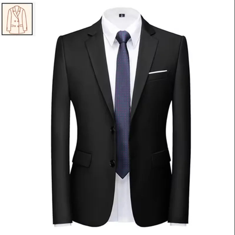 Men's black business casual suit for weddings and formal events, featuring a sleek tuxedo style with a solid color and modern fit.