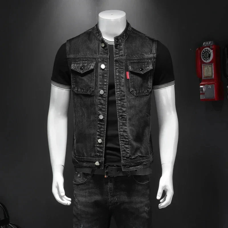 Black denim vest for men by SHOWLU FASHION STORE, casual cotton blend waistcoat with stand collar and sleeveless design.