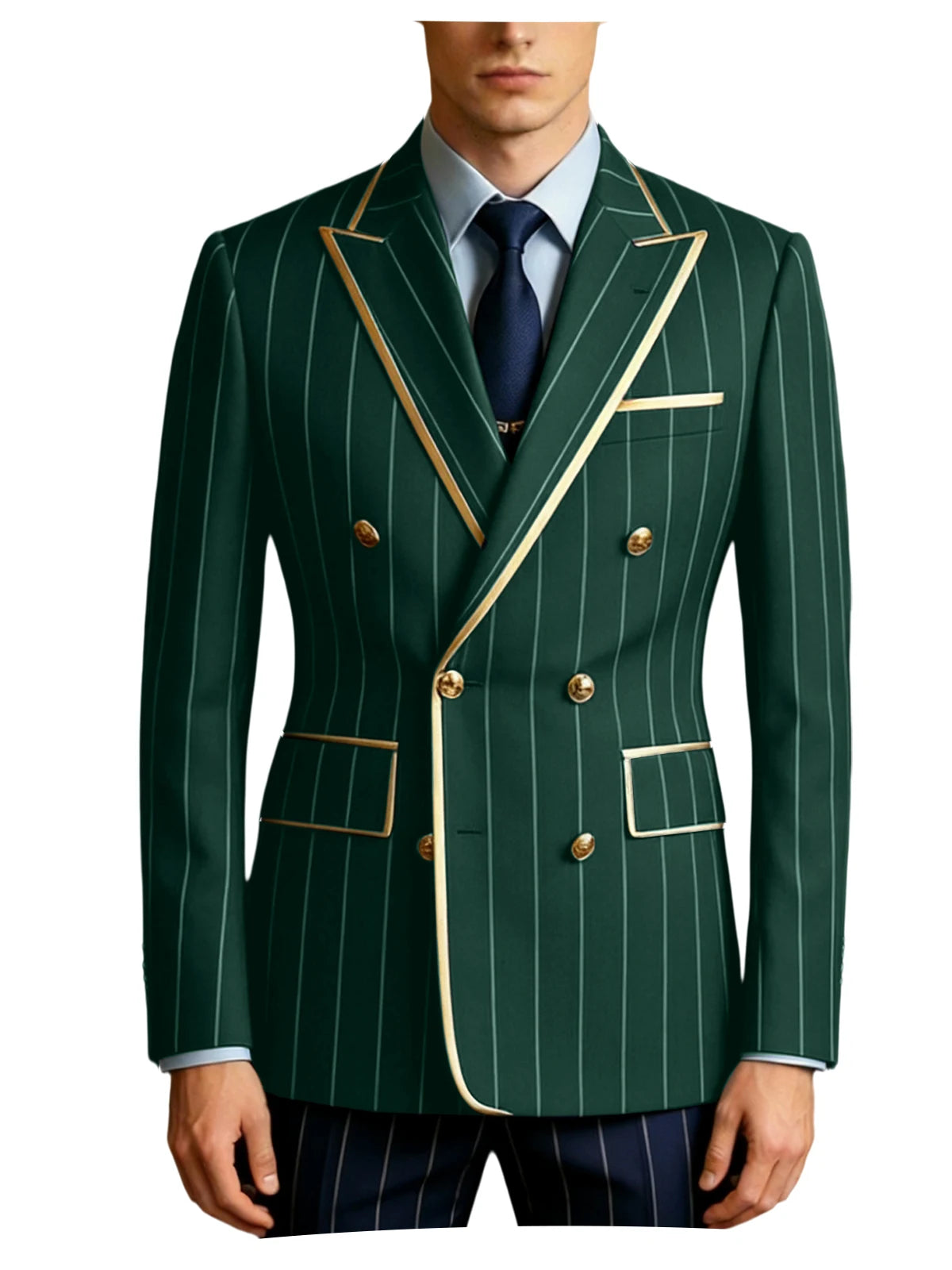 Men's Pinstripe Blazer Double Breasted Gold Trim Slim Fit Suit Jacket Peak Lapel Business Formal Tuxedo Coat for Wedding Prom
