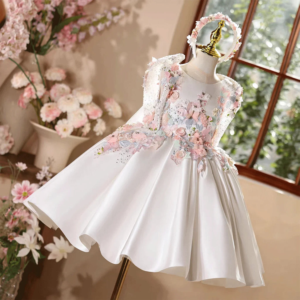 Dreamy Vow D247  Wedding Flower Girls Dress with Giant Back Bow White Satin Party Dress Children Birthday 3D Flowers