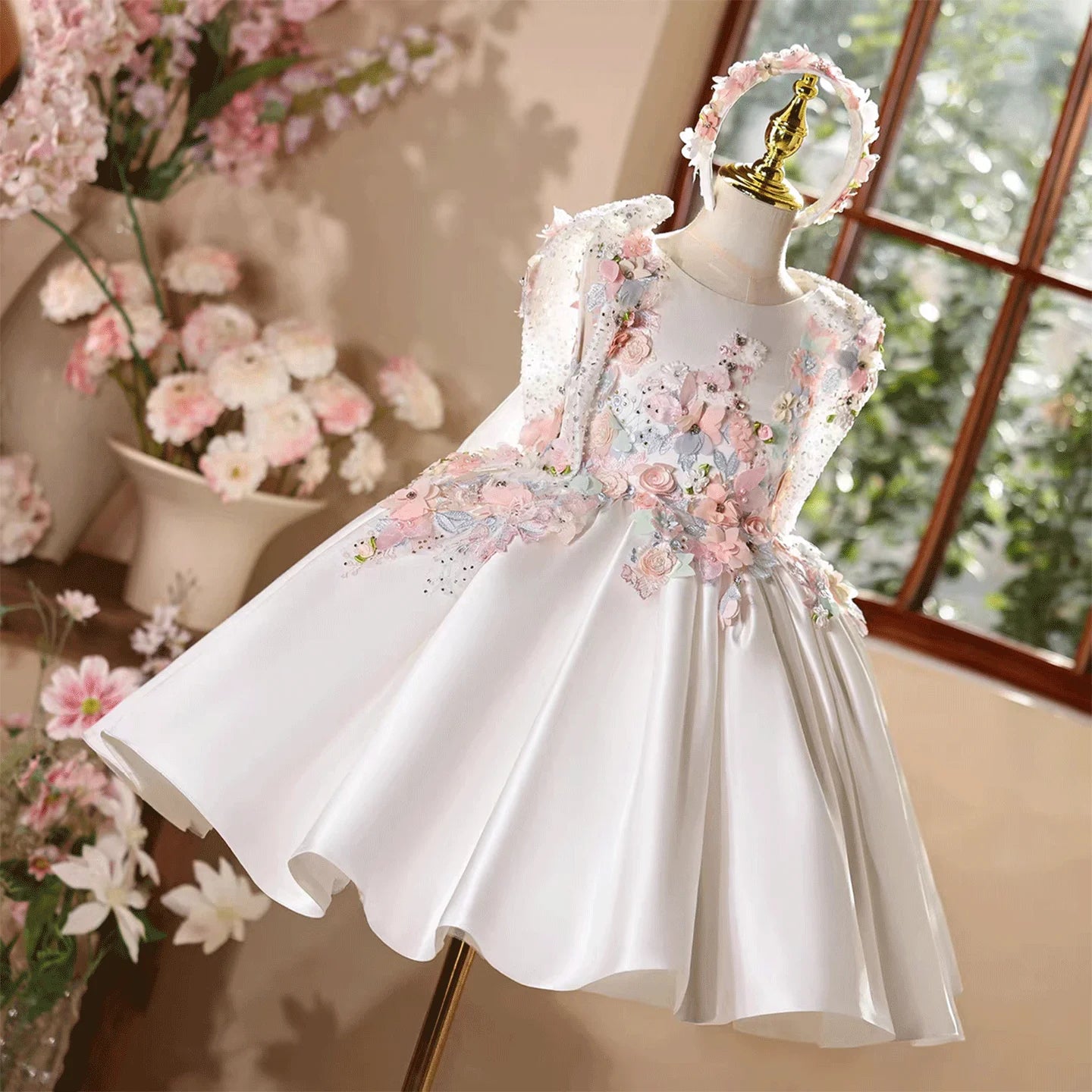 Dreamy Vow D247  Wedding Flower Girls Dress with Giant Back Bow White Satin Party Dress Children Birthday 3D Flowers