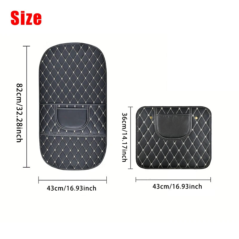 Showlu Smart General car seat back protector hanging on vehicle seat, featuring waterproof material and multiple storage pockets.
