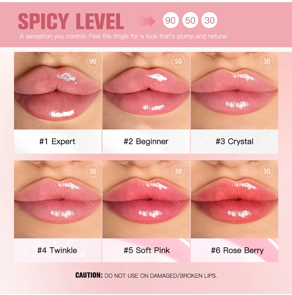 Showlu Smart General Lip Oil Plumper applying clear gloss to lips, highlighting a shiny, smooth finish on natural lips.