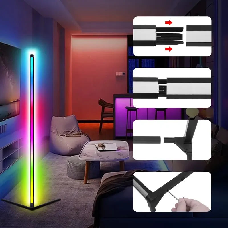 RGB corner floor lamp from Showlu Smart General with music sync features, showcasing modern design and colorful lighting in a room.