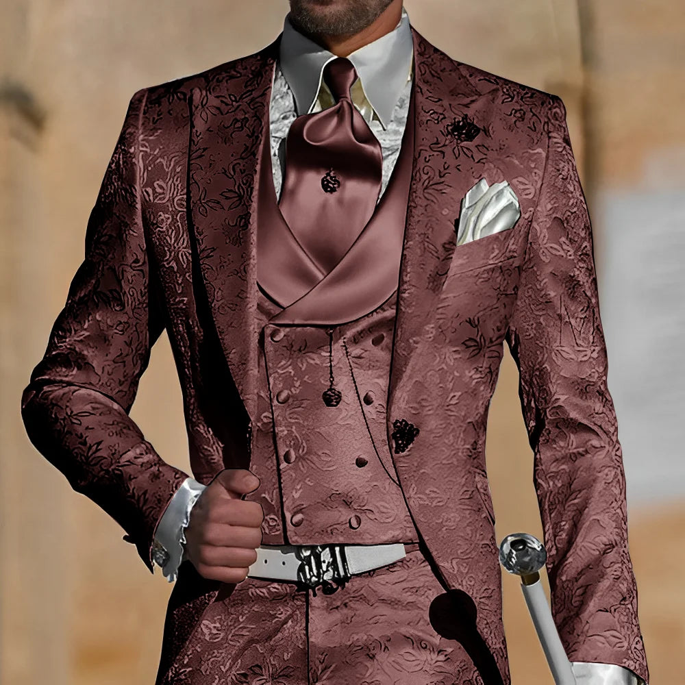 Showlu Fashion Men's Jacquard 3-piece suit with tuxedo jacket, pants, and vest, ideal for weddings or formal events.