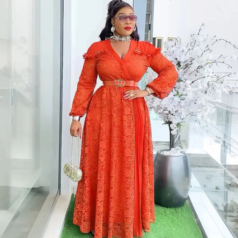 Elegant African women's long lace dress for summer, plus size Muslim evening party attire, stylish for 2025 fashion trends.