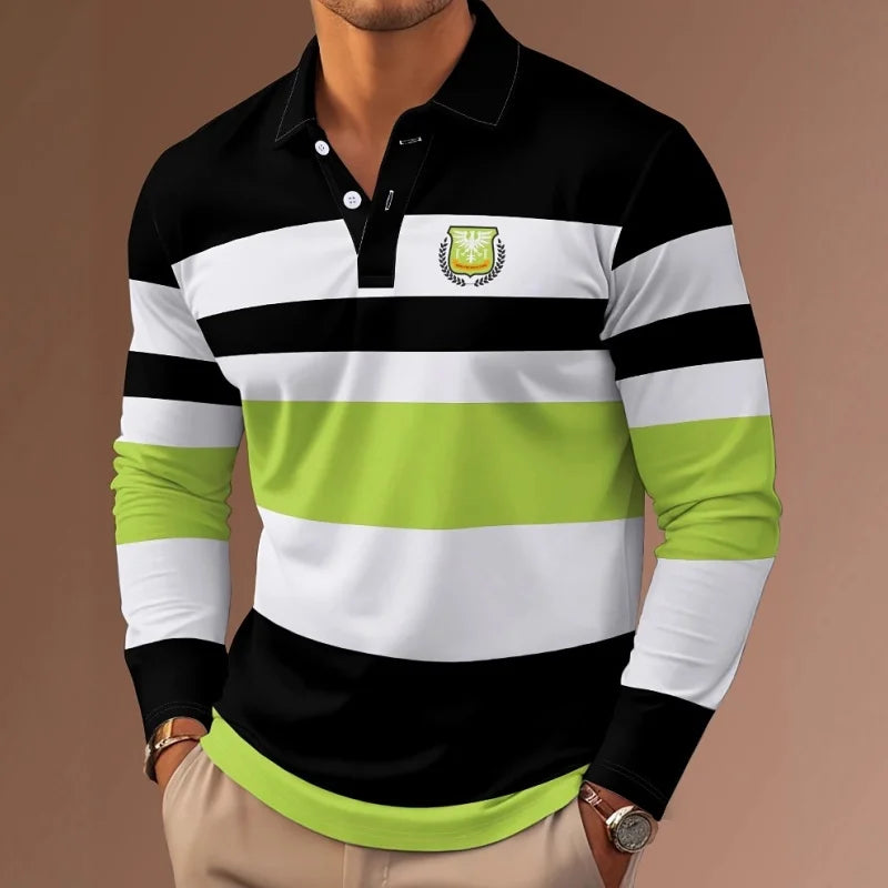 Men's long sleeve polo shirt with classic stripe print, Showlu Fashion, autumn casual button-up polo top for streetwear style.