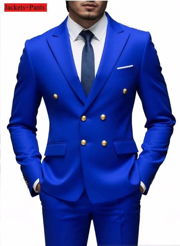 Black men's double-breasted slim fit suit with gold buttons, ideal for wedding, party, or prom, by Showlu Fashion.