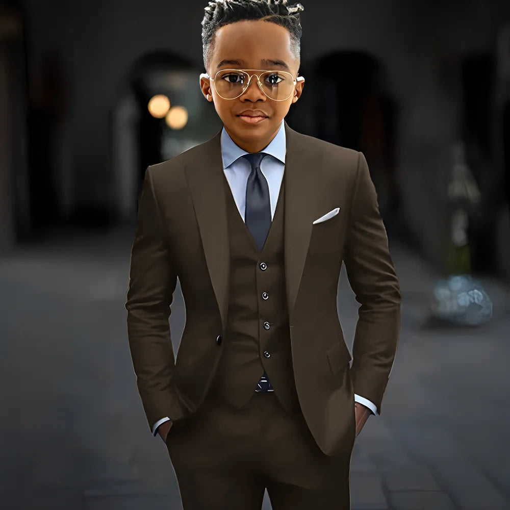 Dark grey boy's slim fit 3-piece suit with single-breasted jacket, peak lapels, pants, and vest, from Showlu Fashion Store.