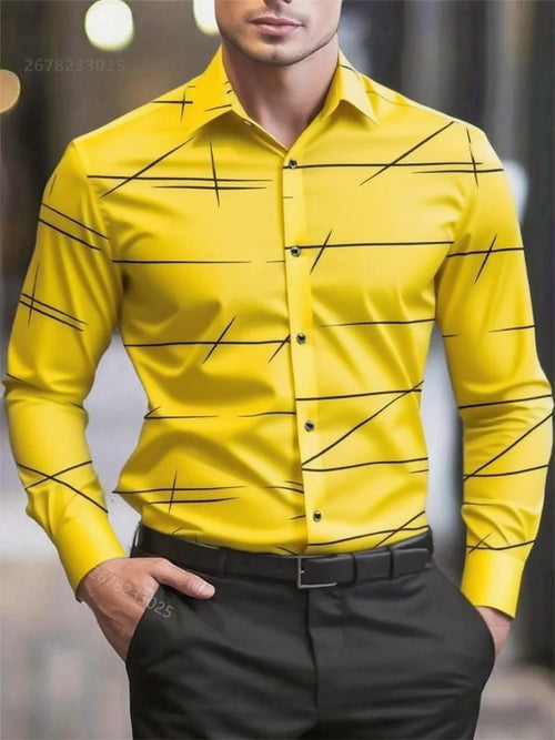 Men's casual long-sleeved shirt with geometric 3D print and lapel, large size, from Showlu Fashion Store.