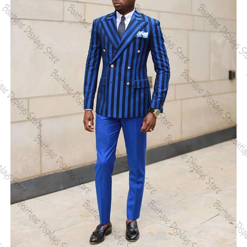 Blue and black striped double-breasted men's suit with jacket and pants, suitable for casual, party, prom, or wedding occasions.