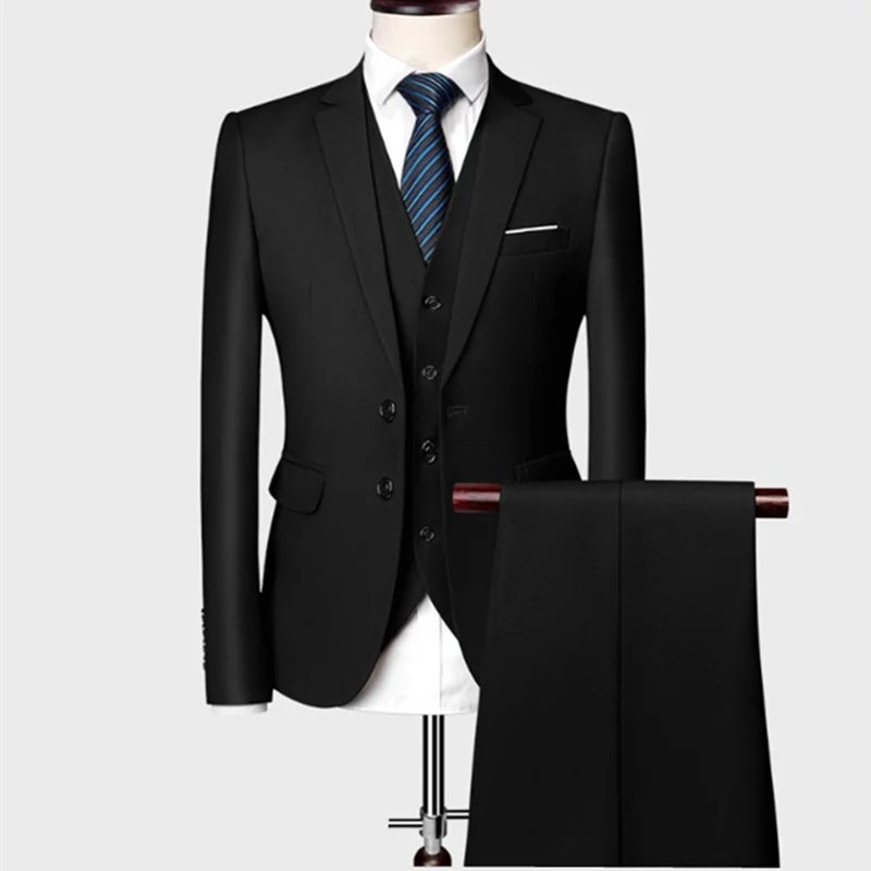 Men's black business casual suit for weddings and formal events, featuring a tailored tuxedo style with solid color design.