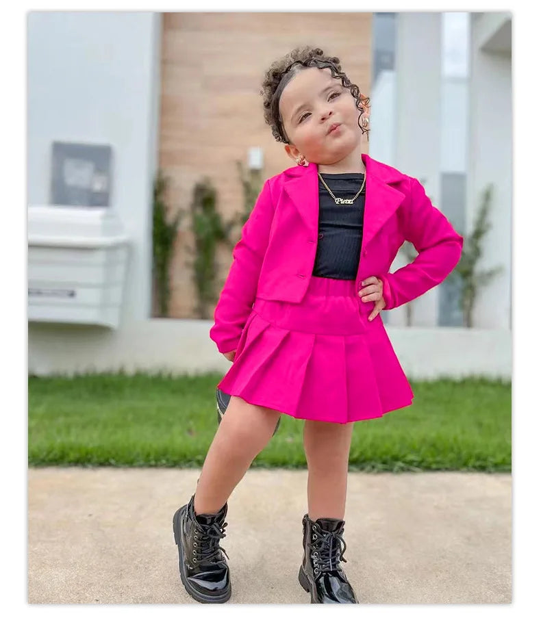 Kids girls autumn 2-piece outfit with long sleeve button coat and pleated plaid skirt, suitable for ages 2 to 8 years.