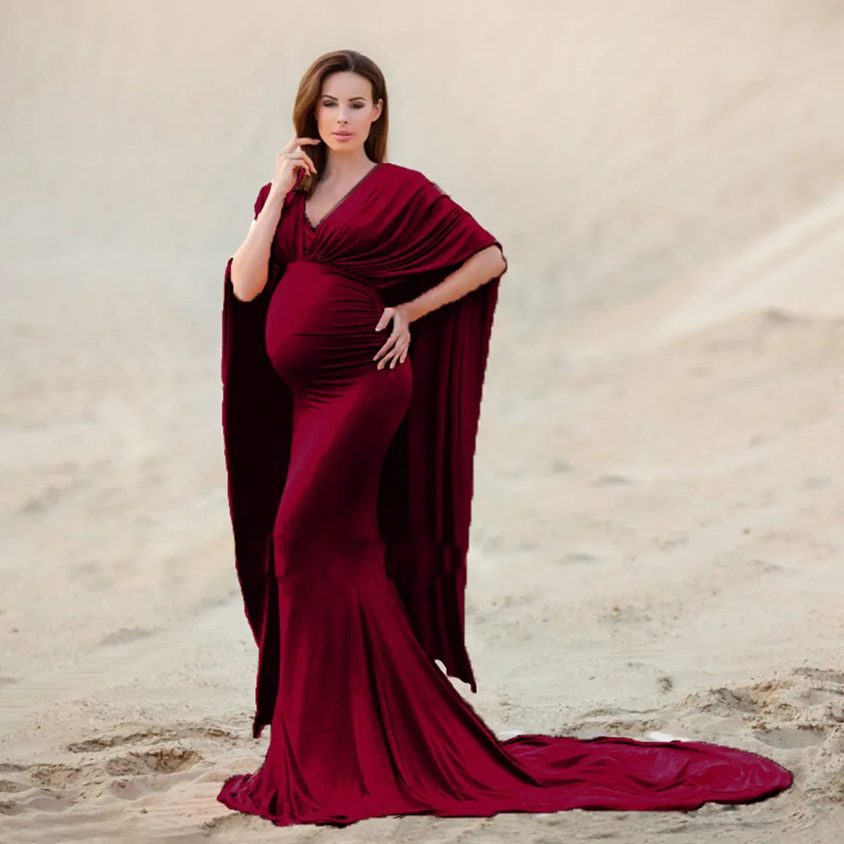 Elegant SHOWLU FASHION STORE maternity maxi dress with batwing sleeves, perfect for photoshoots, flowing fabric and comfortable fit.