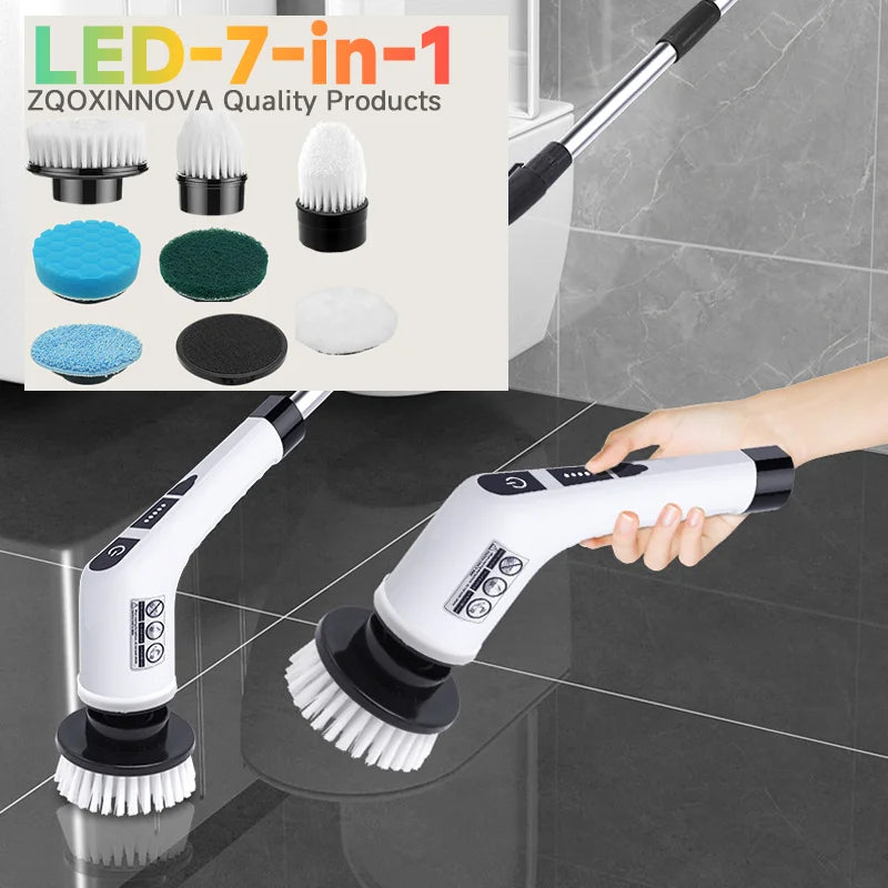 Showlu Smart General cordless electric spin scrubber with 7-in-1 cleaning brush showing multiple attachments in use.