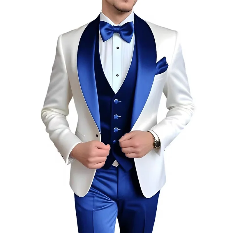 Men's 3-piece blue and white tuxedo suit for wedding and formal events, stylish designer banquet fashion by Showlu Fashion Store