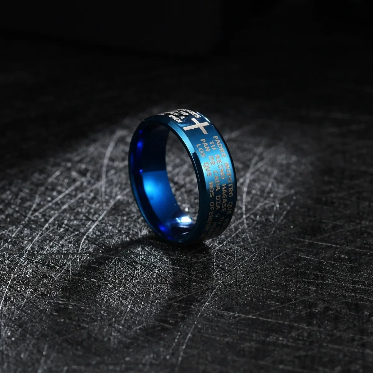 Titanium steel Christian cross Bible ring with 8mm unisex band, featuring a sleek design and religious symbol on a smooth band.