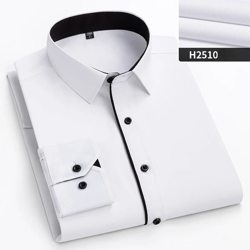 Plus size men's slim fit formal shirt with double collar, long sleeves, solid plain design, suitable for office and business attire.