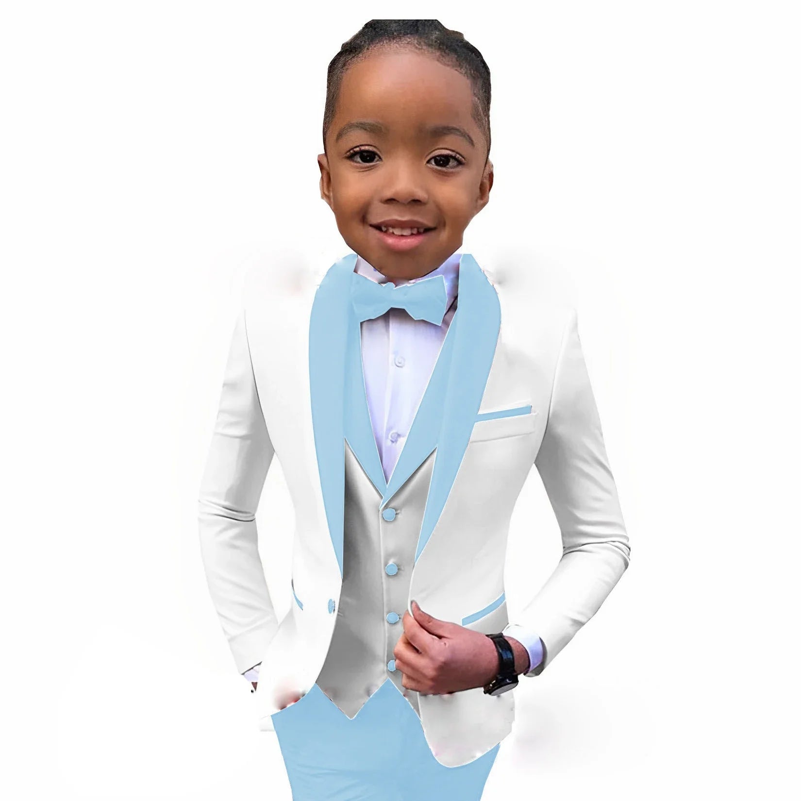 White boys' tuxedo suit with royal blue collar, 3-piece formal wedding and party outfit for children ages 2-16.