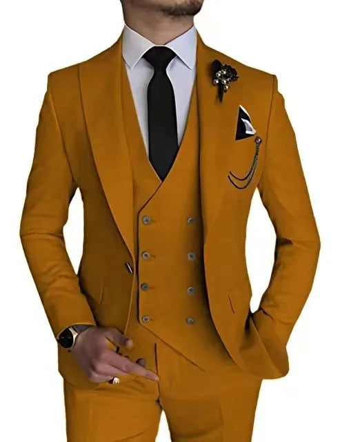 Men's three-piece business casual suit set by Showlu Fashion, featuring a tailored jacket, vest, and trousers for formal occasions.