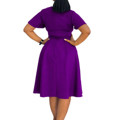 Women's plus Size Swing Dress Summer 2025 Fashion Temperament Solid Color Lace-Up Short-Sleeved Elegant Casual Maxi Dress