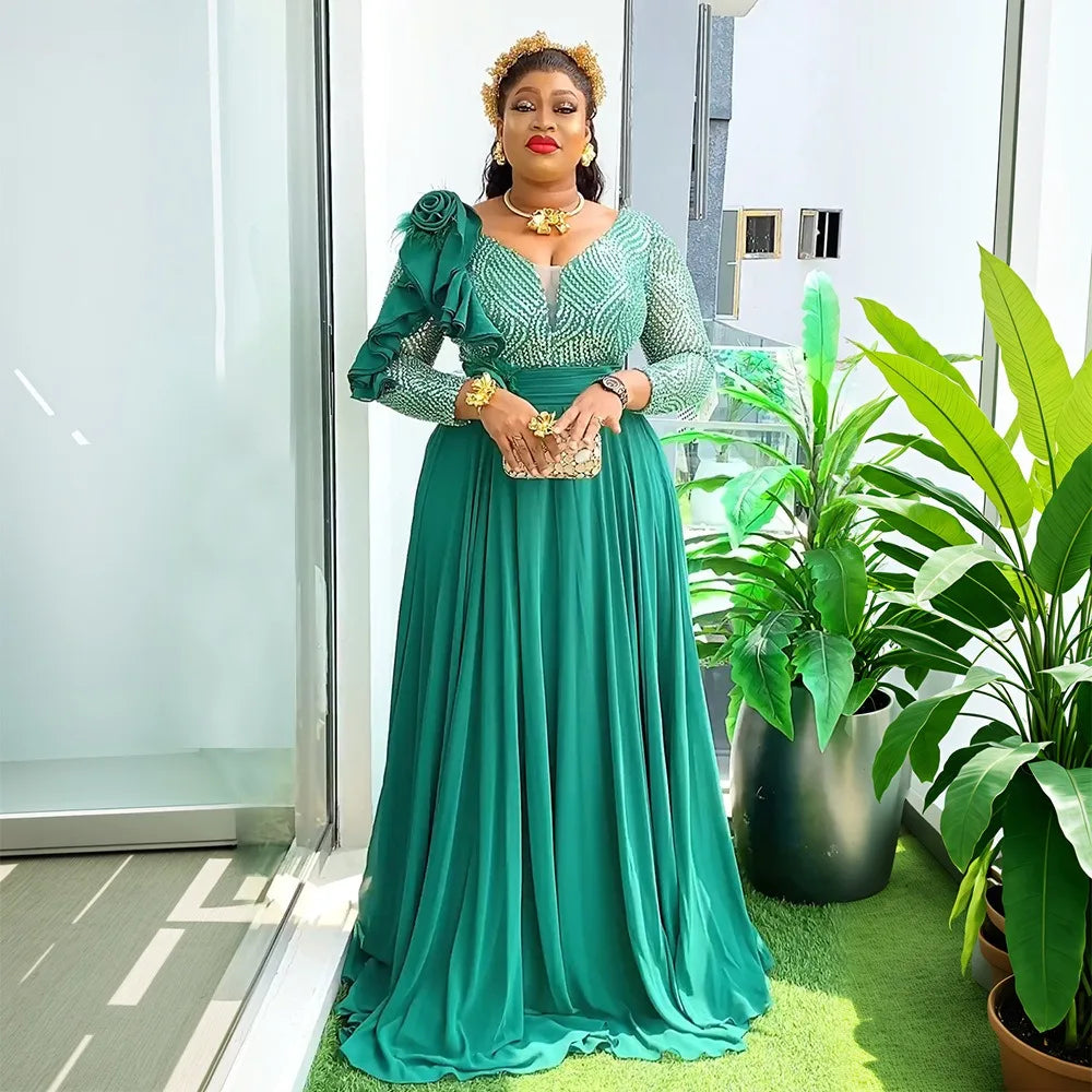 Dress Women Print Long Dresses A Line V Neck Full Sleeve Slim Fit High Waist Elegant Splice Party Maxi Floor Length Vestidos