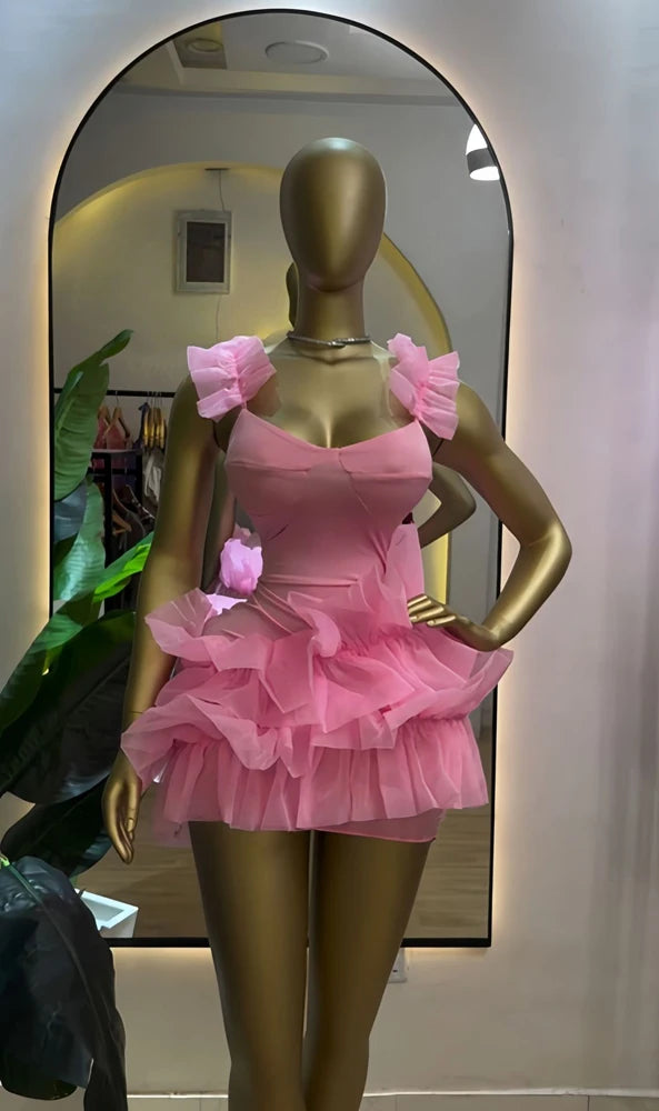 Showlu Smart General luxury ruffled u-neck mini dress, featuring sexy elegance with ruffle details and a chic, fitted silhouette.