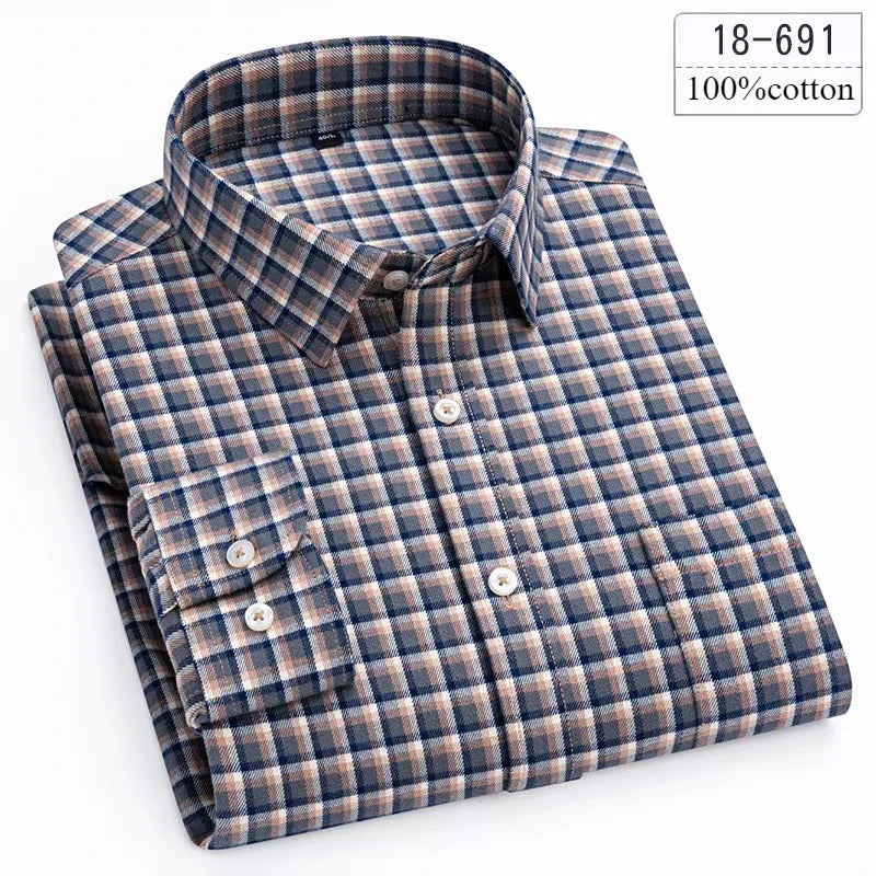 Luxury High-Quality 100% Cotton Houndstooth Full Shirts for Men Slim Fit Casual Shirt Long-Sleeve Plaid Soft Designer Clothes Ro
