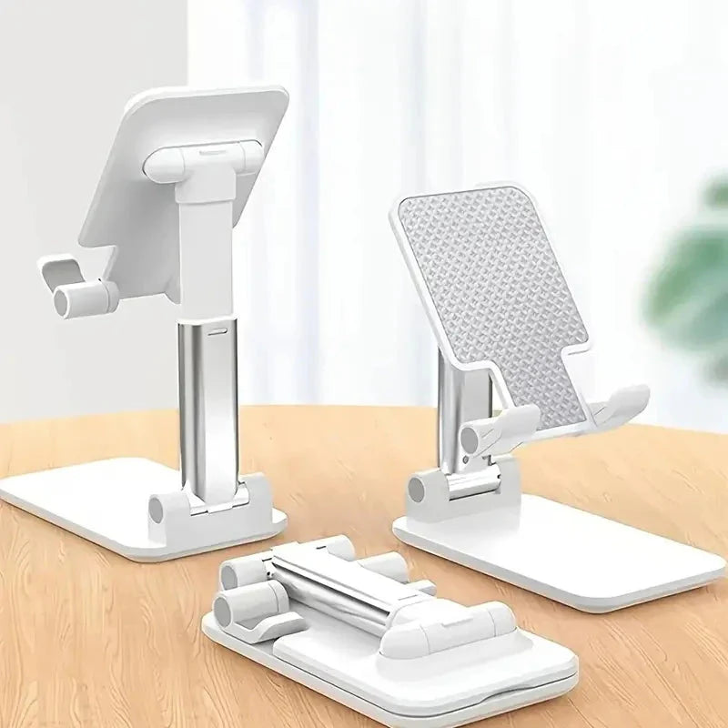 SHOWLU universal adjustable desk phone stand holding an iPhone and tablet, made of sleek black material for stable support.