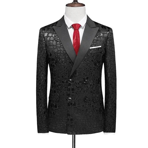 A black double-breasted men's suit jacket with a textured pattern and a red tie.