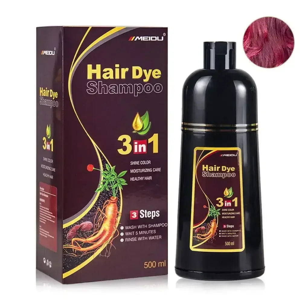 Showlu 3-in-1 herbal hair dye shampoo in natural black and brown, 500ml bottle with herbal ingredients for hair coloring.