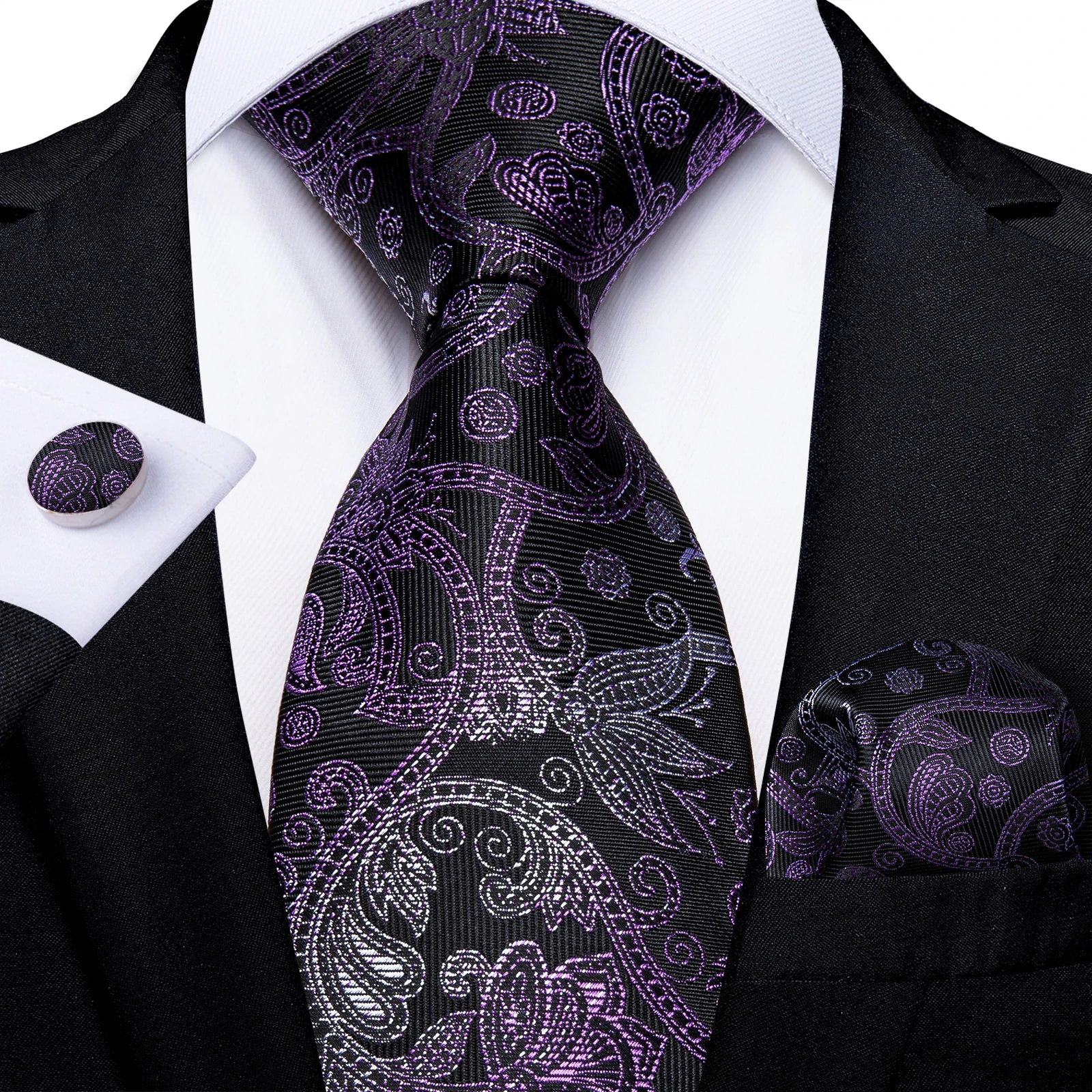 DiBanGu Ties For Men Purple Floral Paisley Necktie Business Formal 100% Silk Tie Pocket Square Set For Wedding Party Cravat