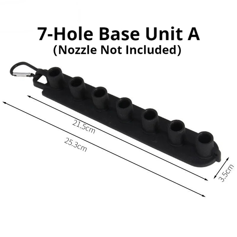 Set of seven Showlu pressure washer nozzles with different spray patterns, designed for versatile cleaning tasks.