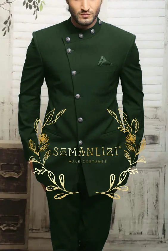 Navy blue Indian design men's suit by Showlu Fashion, slim fit formal blazer and matching trousers for business or wedding attire