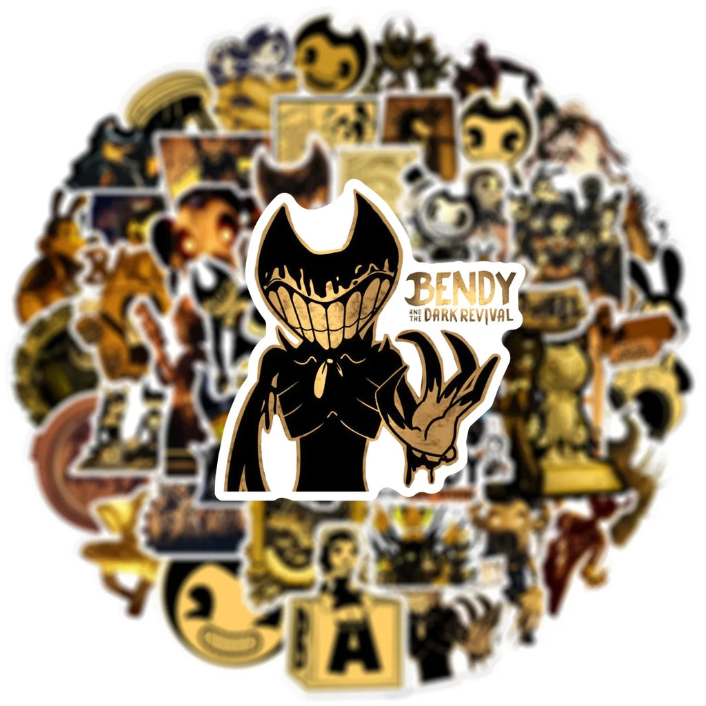 Set of 50 waterproof vinyl Bendy and The Dark Revival horror game stickers featuring dark, spooky artwork for collectors and fans