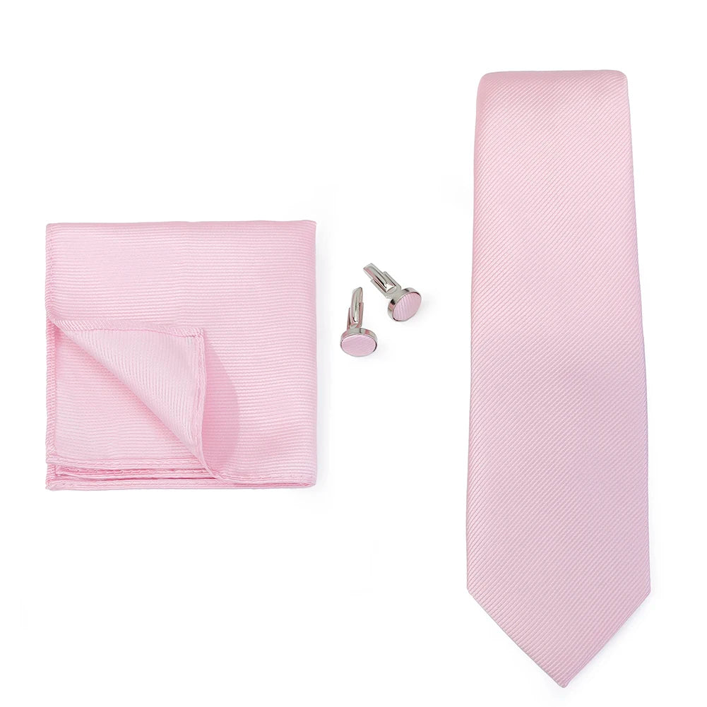 Solid color men's formal tie set with jacquard woven necktie, handkerchief, and cufflinks for wedding or business suit.